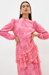 Pink Floral Skirt Ruffled Lined Woven Chiffon Dress
