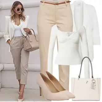Outfit sa Bež/Bijela/Krem/Ljubičasta/Kaki Obični top/Zamotana Majica/Party Top/Pleteni top/Majica s vodopadnim izrezom/Majica dugih rukava/Košulja top Edited "Proljetni Outfit"