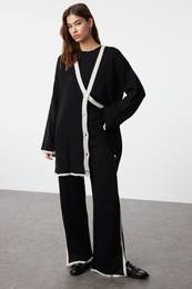 Black Striped Oversize Knitwear Cardigan Trousers Top and Bottom Set