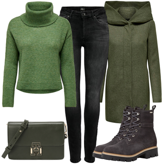 Outfit mit Schwarz/Dunkelgrau/Grau Lederjacke/Biker Jeans/High Waist Jeans/Jeans mit Schlitz/Push up Jeans/Slim Fit Jeans/Cuir Chaussures/Thermojeans/Winterjacke Only "Winterliches Freizeit Outfit"