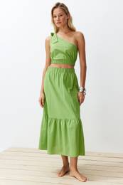 Green Woven One Shoulder Blouse Skirt Beach Set