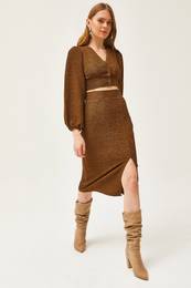 Women's Brown Slit Skirt Knitted Suit