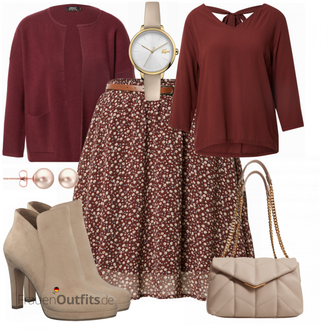 Outfit mit Rot/Dunkelrot/Braun/Bordeaux Tunika/3/4 Bluse/Bluse Oberteil/Bluse Mit Schleife/Bluse Mit Kapuze/Lederjacke/Langarmbluse/Schlupfbluse/Einfarbige Bluse About You "Red Lady Businesslook"