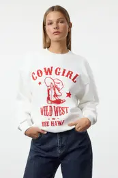 Ecru Thick Polar Fleece Western Printed Regular Cut Knitted Sweatshirt