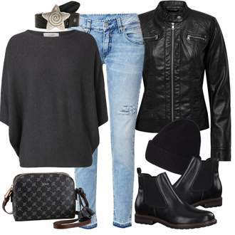 Outfit mit Schwarz/Grau/Dunkelgrau Strick Große/Klassische Tunika/Bluse Lederjacke/Oversize Bluse/Tuniken-Shirt/Shirt & Top Große Größe/Tunika/Pullover Mit Fledermausärmel/Kaschmir Pullover JdY "Modisches Winter Outfit"