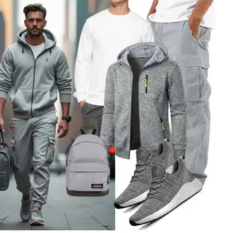 90er Outfit mit Grau/Hellgrau/Dunkelblau Parachute Hose/Carpenter Hose/Cargo-Jogginghose/Cargohose/Capri NANAMEEI "sport outfit"Look: Boyfriend, Workwear, Outdoor, Rad, Stil, Empire, Dad, Hip Hop, Oversize, 90er, Safari, Unisex, Casual
