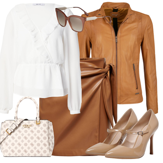 Rock Outfits mit Gelb/Braun/Beige Mantel/Kunstlederjacke/Jacke mit Seitlichem Reißverschluss/Leder Bomberjacke/Lederjacke/Vintage Lederjacke Maze "Modischer Look für den Herbst"