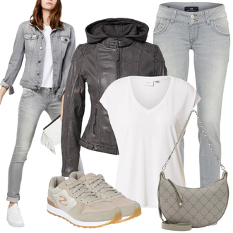 Motorrad Outfit mit Dunkelgrau/Grau/Braun Mantel/Bikerjacke/Kunstlederjacke/Kapuzenjacke/Jacke mit Seitlichem Reißverschluss/Lederjacke/Motorradjacke gipsy by mauritius "Freizeit Outfit"Look: Motorrad, Reiten