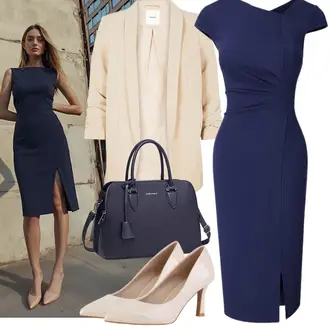 Elegant Outfit mit Dunkelblau/Blau JerseyKleid/BüroKleid/Kleid mit geradem Schnitt/EtuiKleid mit Reißverschluss/Schmales Kleid/Standesamt Kleid/Kleid Standesamt-gast/EtuiKleid/Kleid mit Wasserfall-Ausschnitt HOMEYEE "Eleganter Look"Look: Stil, Vintage, Business, Elegant, Overdressed, Old Money, Burlesque, Jazz, Büro, Edel, 20er Jahre, Maritim, Nahtlos