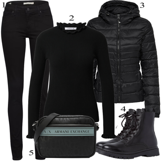 Outfit sa Crna Prošivena Jakna/Pernata Jakna/Donja Jakna/Zimska Jakna/Puferica Jakna/Termo Jakna/Jakna s Kapuljačom/Jakna za Pakiranje/Održiva jakna/Sintetička jakna/Ljetna pod-jakna Only "Tvoj otmjeni outfit"