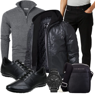 Wolle-seide Outfit mit Schwarz/Dunkelgrau/Grau Bikerjacke/Kapuzenjacke/Motorradjacke/Winterjacke/Fliegerjacke/KunstLederjacke/Leder Bomberjacke/Jacke mit Seitlichem Reißverschluss FLAVOR "Freizeit Outfit"