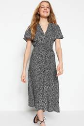 Black Belted Woven Midi Double Breasted Neck Viscose Woven Dress