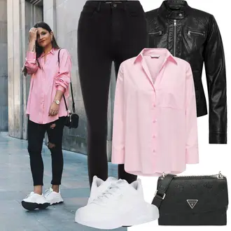 Winter Outfit mit Schwarz Lederjacke/Biker Jeans/High Waist Jeans/Jeans mit Schlitz/Push up Jeans/Slim Fit Jeans/Cuir Chaussures/Thermojeans/Winterjacke Pieces "Frühling outfit"