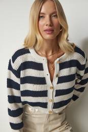 Happiness stanbul Women's Cream Navy Blue Metal Button Detailed Openwork Knitwear Crop Cardigan