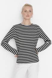 Black Striped Regular/Normal Pattern Basic Crew Neck Knitted T-Shirt