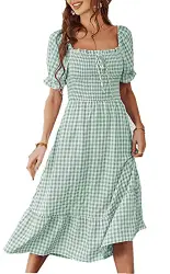Damen Blumen Chiffon Sommerkleid Kurzarm U-Ausschnitt Hohe Taille Volant Kleid Elegant A-Linie Maxikleid für Party Cocktail (S, 5029-Grün)