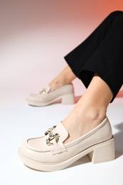 ANGLO Women's Beige Skin Stone Buckle Chunky Heel Shoes