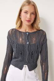 Happiness stanbul Women's Smoke Openwork Seasonal Knitwear Cardigan