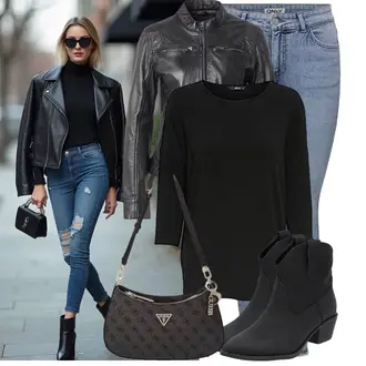 Mit Absatz Outfit mit Schwarz/Blau CowboyStiefel/Western Stiefelette Palado "Schönes Frühlingsoutfit"