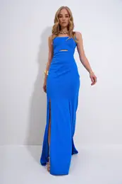 Trend Alaat Stili Women's Blue Adjustable Strap Out Cut Slit Graduation Dress
