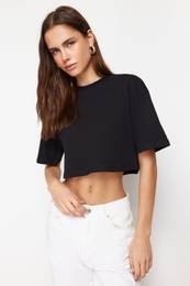 Black 100% Cotton Cut Detail Relaxed Cut Crop Knitted T-Shirt