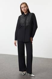 Black Stone Embroidered Woven Bottom-Top Set