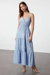 Blue Floral Midi Woven Dress