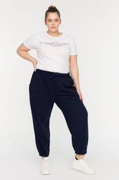 Curve Navy Blue High Waist Jogger Knitted Sweatpants