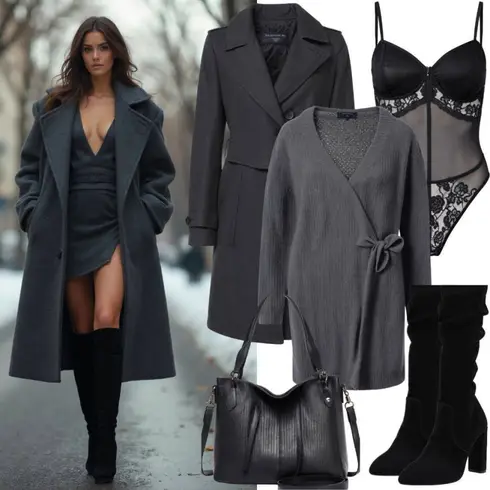 Schwarz Overknee Stiefel/Spitzer Stiefel/WeitschaftStiefel/Langer Stiefel/High Heels Stiefel/Kniehoher Stiefel SCARPE VITA kombinieren mit Grau/Hellgrau Wickelkleid/Hemdkleid/Blazer Kleid/Kleid mit Gürtel/Pulloverkleid/Langärmliges Winterkleid/Herbstkleid/Langärmliges Kleid Ulla Popken