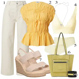 Outfit sa Bež/Kaki Vinil hlače/Stolarska hlača/Hlača od Kepera/Samt Hlače/Hlače od muslina/Naborane hlače/Hlače s Prorezom/Paperbag Hlača/Hlače sa Naramenicama od Somota/Hlače Visokog Struka about you x marie von behrens "Ljetni outfiti"