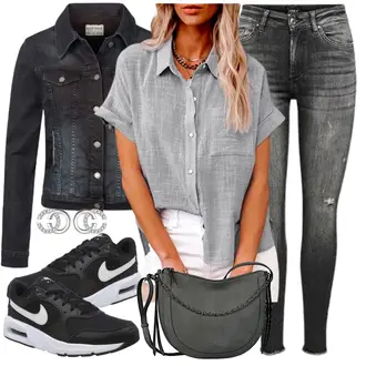 Punk Outfit mit Hellgrau/Dunkelgrau/Grau/Schwarz Leder Schuhe/Winterjacke/Push up Jeans/High Waist Jeans/Lederjacken/Biker Jeans/Jeans mit Loch/Jeans mit Schlitz Only "Cooler Look Für Den Frühling"Look: Lack, Old Money, Coole, Nahtlos, Punk, Disco