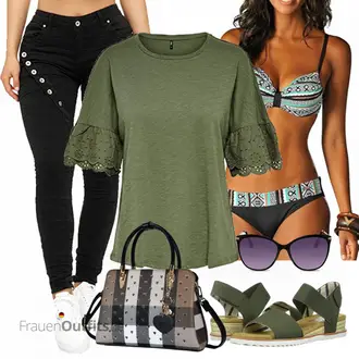 Outfit mit Blau/Türkis/Dunkelblau Push-up Tankini/Bandeau Badeanzug/Cut Out Bikini/High-waisted Bikini/Balconette-Bikini/Bustier Bikini/Wattierter Bikini/Bandeau-Bikini Dokotoo "Buntes Sommer Outfit"