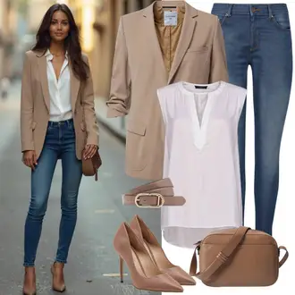Smart Casual Outfits Sommer mit Braun/Beige Eleganter Schuh/Vintage Pumpe/High Heel/Bequemer Pump/Hochfrontpump MissHeel, Weiß Kosmetiktasche Bric's, Blau Leder Schuhe VERO MODA Curve, Grau/Weiß/Creme/Braun Bluse Only, Lederjacke/Longblazer/Boyfriend Blazer/Oversize Blazer comma casual identity "Outfit für den Frühlings"