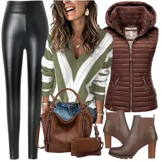 Gefütterte Outfit mit Braun/Grau/DunkelBraun/Beige/Lila Winter Stiefelette/Klassische Stiefelette/Sommerstiefelette/Gefütterte Stiefelette/Chelsea Boot/Lederjacke/Leder Stiefelette VAN HILL "Stylische Kombination mit Lederleggings"