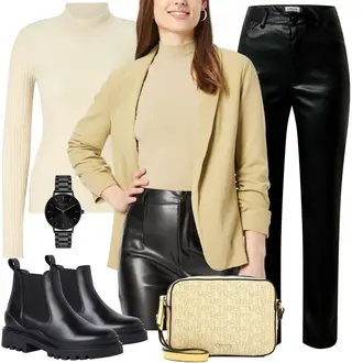 Outfit mit Schwarz/Braun/Weiß/Rot Lederhose/Lederimitathose/Vinyl Hose Edited "Perfekt für den Herbst"
