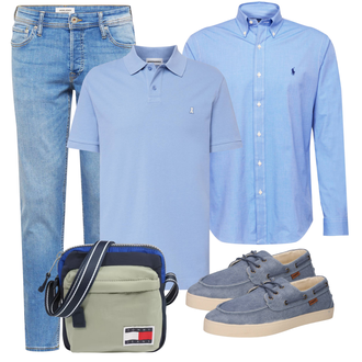 Outfit mit Blau/Hellblau Damen 7/8-Länge Jeans/Knöchelstiefel/Boyfriend Jean/Cropped Jeans/Dad Jeans/Girlfriend Jeans/Low Rise Jean/Regular-Fit Jeans/Slim Fit Jeans/Tapered-Jeans Jack & Jones "Alltagsoutfit"