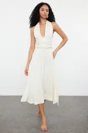 Ecru Midi Knitted Tie-Up Beach Dress