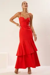 Pomegranate Flower A-Cut Cut Out/Window Detail Woven Long Elegant Evening Dress