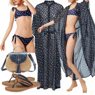 Mit Pailletten Outfit mit Braun/Dunkelblau/Blau/Pastell/Rot Bustier-Bikinitop/Bikini Crop Top/High-Neck-Bikinitop/Herren Leder Gürtel/Push-Up-Bikinitop Leger by Lena Gercke "Strand Outfit"