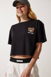 Happiness stanbul Women's Black Teddy Bear Crest Crop Knitted T-Shirt