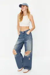 Blue Pale Effect Vintage Ripped High Waist Wide Leg Jeans