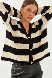 Women's Striped Three-Button Knitted Cardigan