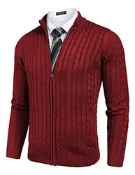 COOFANDY Herren Strickjacke mit Reißverschluss Slim Fit Cardigan Zopfstrick Pullover mit Stehkragen und Taschen,Weinrot,M
