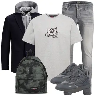 Outfit mit Grau/Hellgrau/Dunkelgrau Biker Jeans/Slim Fit Jeans/Lederjacke/Low Rise Jean/Leder Schuhe/Herren Lederjacke/Jeans mit Schlitz/Low Waist Jean/Winterjacke Jack & Jones "Praktischer Look"