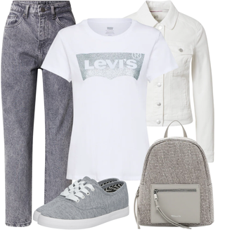 Outfit mit Rot Ballonshirt/Basic Top/Casual Top/Cropped Shirt/Strick Top/Strickshirt/Hemdoberteil/Kurzes Oberteil/Boucle Strickjacke/Rundhals-Strickjacke/Kurze Strickjacke/Kurzarm Strickjacke/Stehkragen-Strickjacke/Sommerstrickjacke/Vintage Strickjacke levi's ® "Schöner Sommer Look"