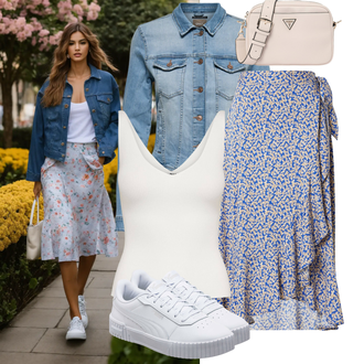 Outfit mit Fliederfarben/Blau Short Große Größe/Bluse und Tunika/Kleid Große Größe/Rock Mit Blumenmuster/Bedruckter Rock/Rock Zum Binden/Wickelrock yas "Alltagsoutfit"