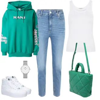 Outfit mit Hellblau/Blau Damen 7/8-Länge Jeans/Knöchelstiefel/Caprijeans/Cropped Jeans/Girlfriend Jeans/High Waist Jeans/Lederjacke/Slim Fit Jeans/Schlupfjeans/Leder Schuhe/Tapered-Jeans Boss "Lässiger Freizeitlook"
