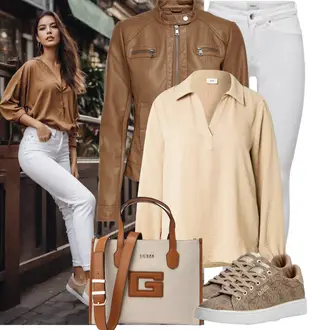 Krásný Outfit s Khaki/Hnědá/Béžová Kožené Bund Kožená vintage bunda/Bunda s Bočním Zipem/Kožená Bomber Bund/Motorkářská bunda/Motorkářské Bund/Bunda z Umělé Kůže/Kožené Bund Only "Stylový look na jaro"Look: Western, Moderní, Mom, Krásný, Venkovní, Univerzitní, Pracovní oděvy, 80tá léta