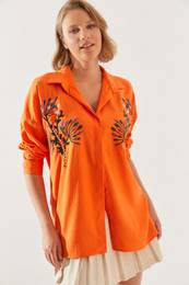 Women's Stone Leaf Embroidered Oversize Shirt 5929