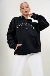 Trend Alaat Stili Women's Black Hooded Kangaroo Pocket Front Text Printed Three Thread Raised Sweatshirt
